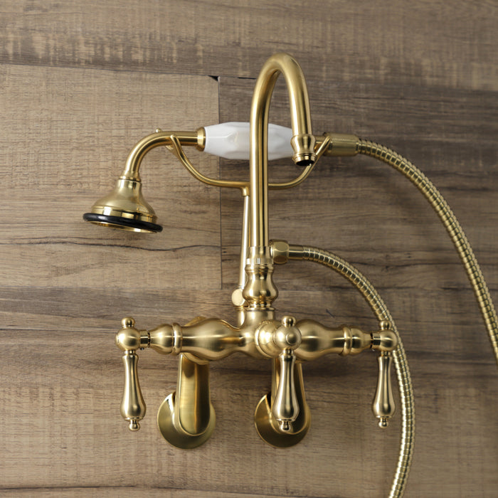 Kingston Heirloom AE301T7 - Aqua Vintage Three-Handle 2-Hole Tub Wall Mount Clawfoot Tub Faucet with Hand Shower, Brushed Brass
