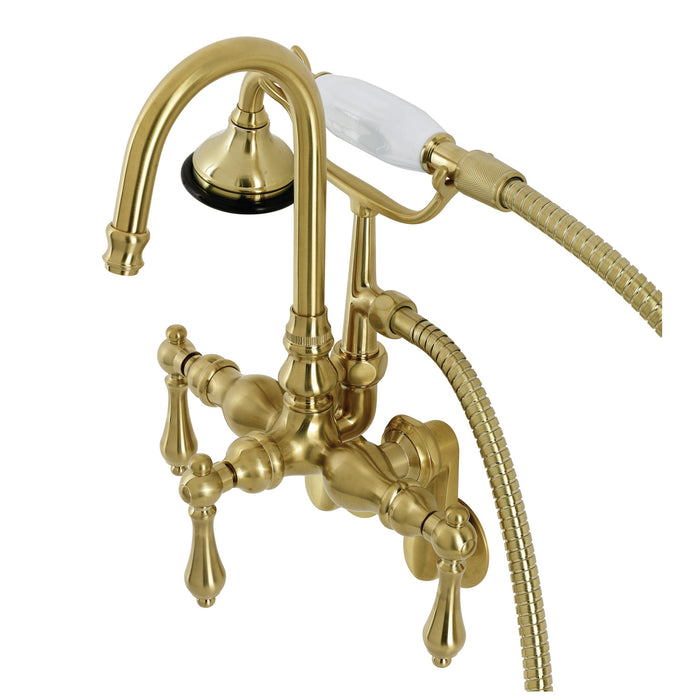 Kingston Heirloom AE301T7 - Aqua Vintage Three-Handle 2-Hole Tub Wall Mount Clawfoot Tub Faucet with Hand Shower, Brushed Brass
