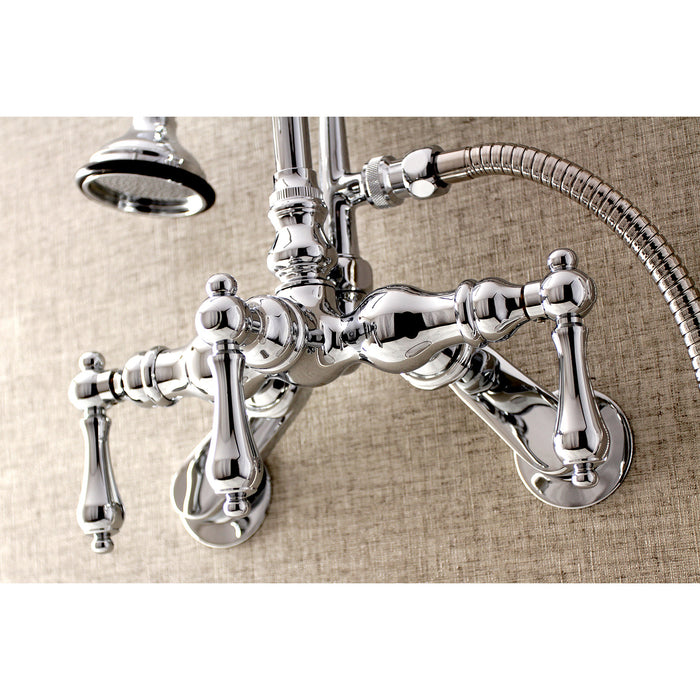 Kingston Heirloom AE302T1 - Aqua Vintage Three-Handle 2-Hole Tub Wall Mount Clawfoot Tub Faucet with Hand Shower, Polished Chrome