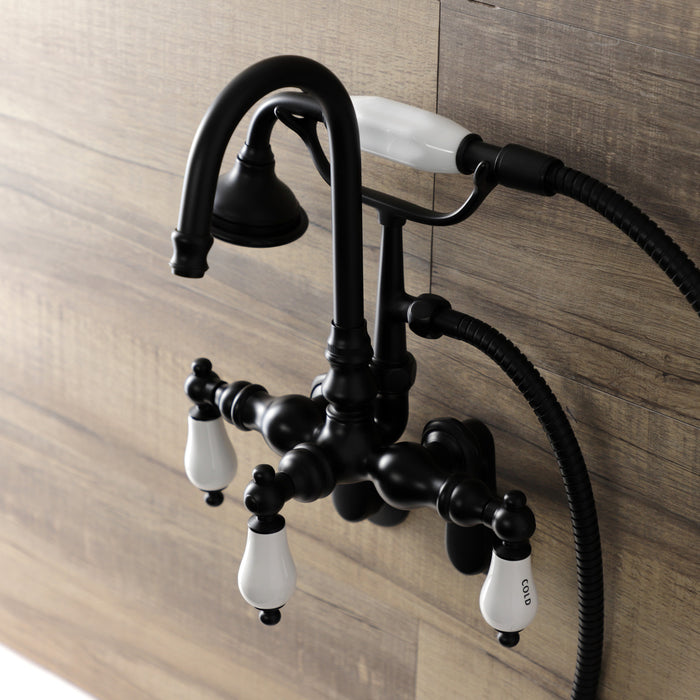 Kingston Heirloom AE303T0 - Aqua Vintage Three-Handle 2-Hole Tub Wall Mount Clawfoot Tub Faucet with Hand Shower, Matte Black