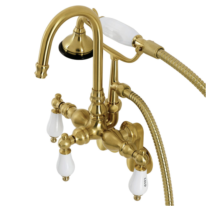 Kingston Heirloom AE303T7 - Aqua Vintage Three-Handle 2-Hole Tub Wall Mount Clawfoot Tub Faucet with Hand Shower, Brushed Brass
