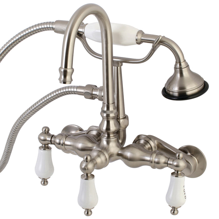 Kingston Heirloom AE303T8 - Aqua Vintage Three-Handle 2-Hole Tub Wall Mount Clawfoot Tub Faucet with Hand Shower, Brushed Nickel