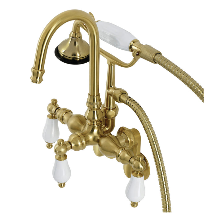 Kingston Heirloom AE305T7 - Aqua Vintage Three-Handle 2-Hole Tub Wall Mount Clawfoot Tub Faucet with Hand Shower, Brushed Brass