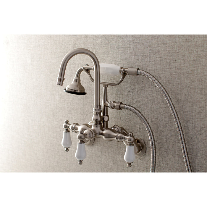 Kingston Heirloom AE305T8 - Aqua Vintage Three-Handle 2-Hole Tub Wall Mount Clawfoot Tub Faucet with Hand Shower, Brushed Nickel