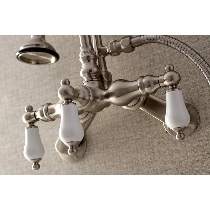 Kingston Heirloom AE305T8 - Aqua Vintage Three-Handle 2-Hole Tub Wall Mount Clawfoot Tub Faucet with Hand Shower, Brushed Nickel