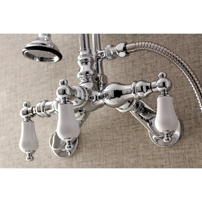 Kingston Heirloom AE306T1 - Aqua Vintage Three-Handle 2-Hole Tub Wall Mount Clawfoot Tub Faucet with Hand Shower, Polished Chrome