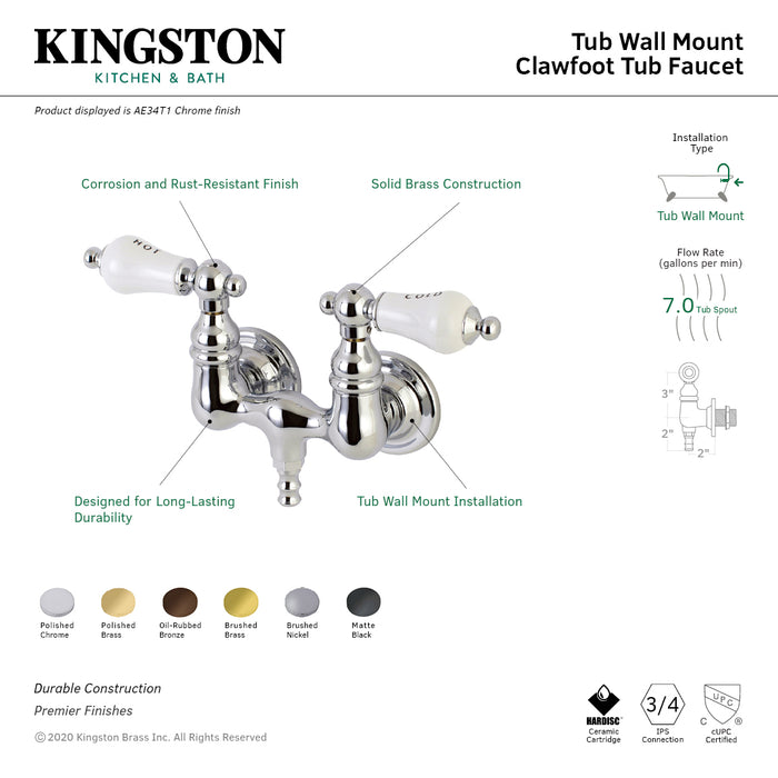 Kingston Heirloom AE33T0 - Aqua Vintage Two-Handle 2-Hole Tub Wall Mount Clawfoot Tub Faucet, Matte Black
