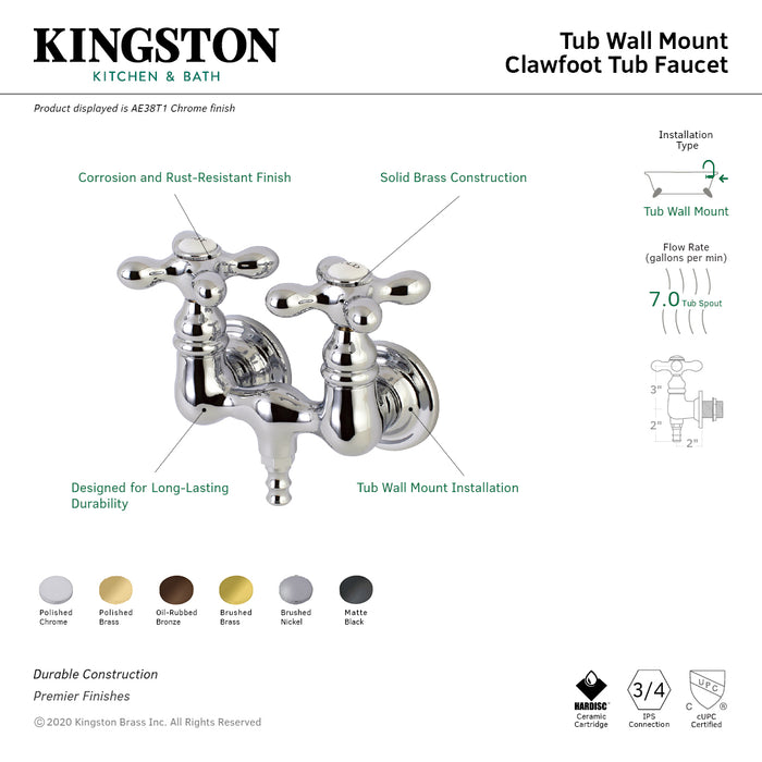 Kingston Heirloom AE37T7 - Aqua Vintage Two-Handle 2-Hole Tub Wall Mount Clawfoot Tub Faucet, Brushed Brass