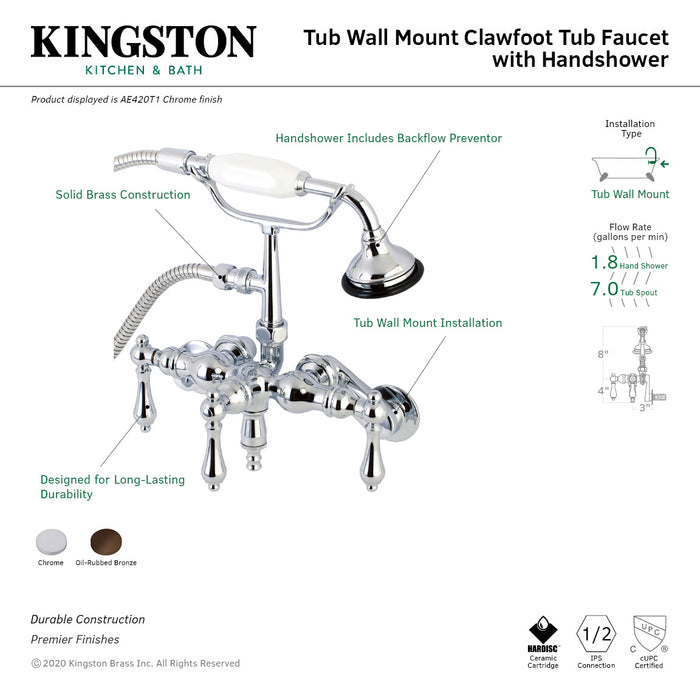 Kingston Heirloom AE420T1 - Vintage Three-Handle 2-Hole Tub Wall Mount Clawfoot Tub Faucet with Hand Shower, Polished Chrome