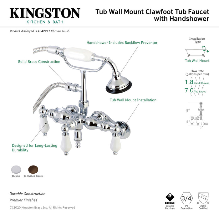Kingston Heirloom AE421T5 - Vintage Three-Handle 2-Hole Tub Wall Mount Clawfoot Tub Faucet with Hand Shower, Oil Rubbed Bronze