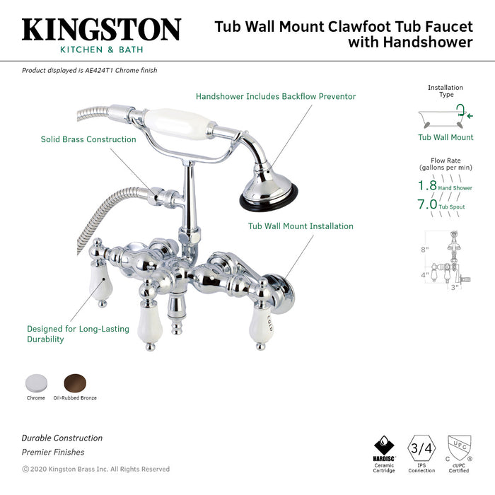 Kingston Heirloom AE423T5 - Vintage Three-Handle 2-Hole Tub Wall Mount Clawfoot Tub Faucet with Hand Shower, Oil Rubbed Bronze