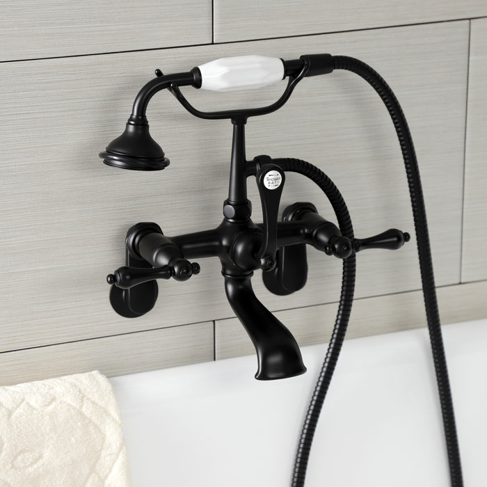 Kingston Heirloom AE51T0 - Aqua Vintage Three-Handle 2-Hole Tub Wall Mount Clawfoot Tub Faucet with Hand Shower, Matte Black