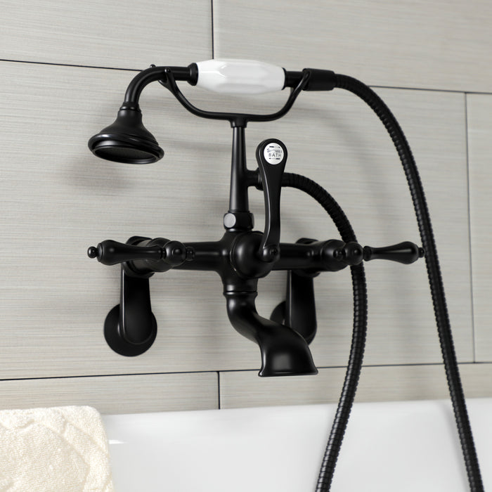 Kingston Heirloom AE51T0 - Aqua Vintage Three-Handle 2-Hole Tub Wall Mount Clawfoot Tub Faucet with Hand Shower, Matte Black