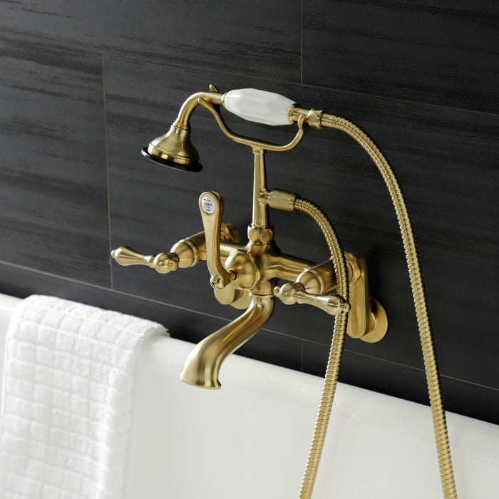 Kingston Heirloom AE51T7 - Aqua Vintage Three-Handle 2-Hole Tub Wall Mount Clawfoot Tub Faucet with Hand Shower, Brushed Brass