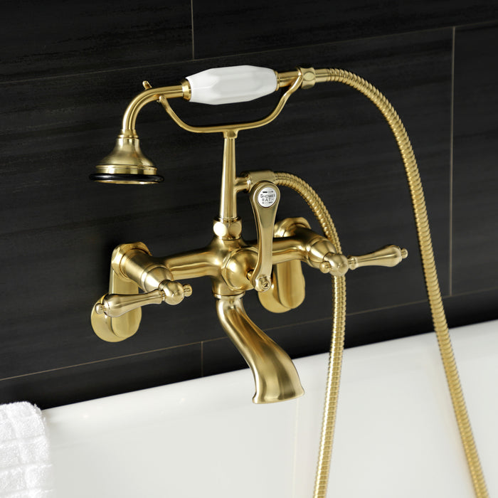 Kingston Heirloom AE51T7 - Aqua Vintage Three-Handle 2-Hole Tub Wall Mount Clawfoot Tub Faucet with Hand Shower, Brushed Brass