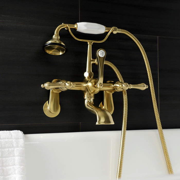 Kingston Heirloom AE51T7 - Aqua Vintage Three-Handle 2-Hole Tub Wall Mount Clawfoot Tub Faucet with Hand Shower, Brushed Brass