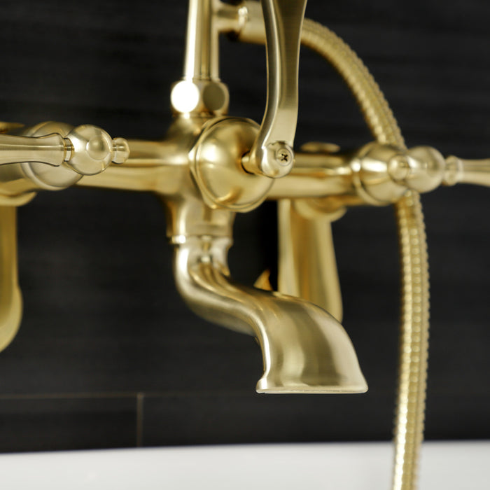 Kingston Heirloom AE51T7 - Aqua Vintage Three-Handle 2-Hole Tub Wall Mount Clawfoot Tub Faucet with Hand Shower, Brushed Brass