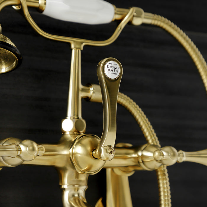 Kingston Heirloom AE51T7 - Aqua Vintage Three-Handle 2-Hole Tub Wall Mount Clawfoot Tub Faucet with Hand Shower, Brushed Brass