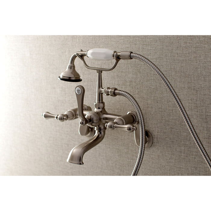 Kingston Heirloom AE51T8 - Aqua Vintage Three-Handle 2-Hole Tub Wall Mount Clawfoot Tub Faucet with Hand Shower, Brushed Nickel