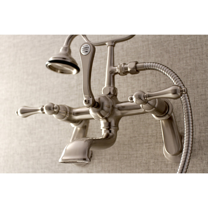 Kingston Heirloom AE51T8 - Aqua Vintage Three-Handle 2-Hole Tub Wall Mount Clawfoot Tub Faucet with Hand Shower, Brushed Nickel