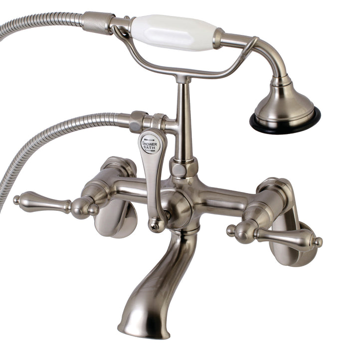 Kingston Heirloom AE51T8 - Aqua Vintage Three-Handle 2-Hole Tub Wall Mount Clawfoot Tub Faucet with Hand Shower, Brushed Nickel