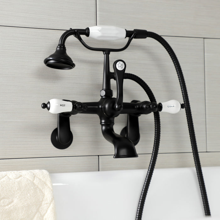 Kingston Heirloom AE53T0 - Aqua Vintage Three-Handle 2-Hole Tub Wall Mount Clawfoot Tub Faucet with Hand Shower, Matte Black