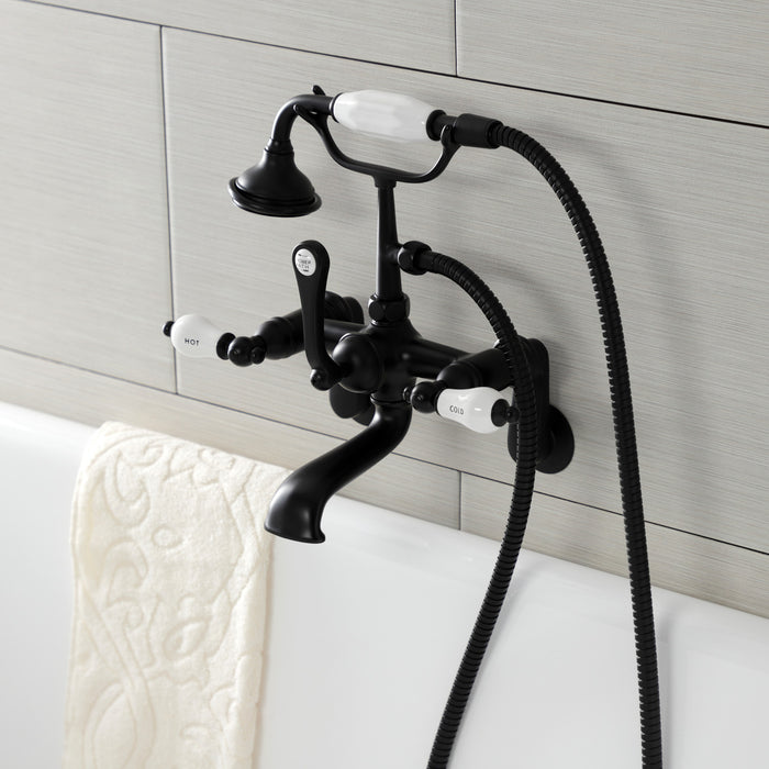 Kingston Heirloom AE53T0 - Aqua Vintage Three-Handle 2-Hole Tub Wall Mount Clawfoot Tub Faucet with Hand Shower, Matte Black