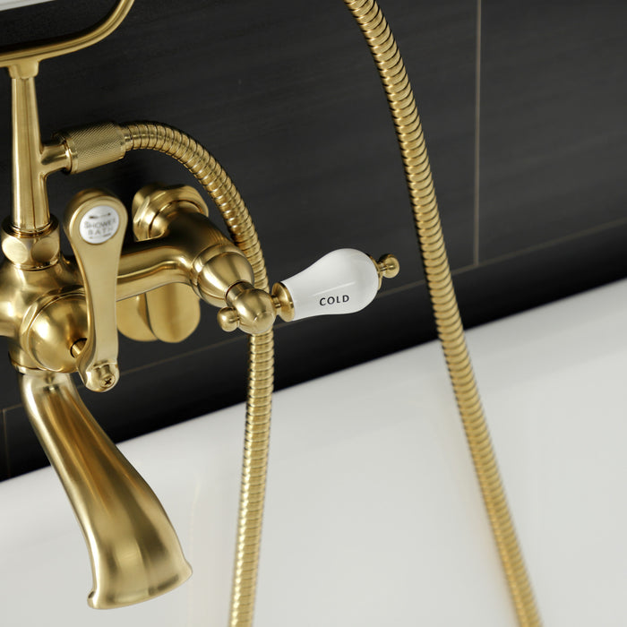 Kingston Heirloom AE53T7 - Aqua Vintage Three-Handle 2-Hole Tub Wall Mount Clawfoot Tub Faucet with Hand Shower, Brushed Brass