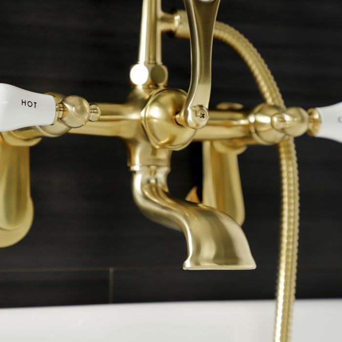 Kingston Heirloom AE53T7 - Aqua Vintage Three-Handle 2-Hole Tub Wall Mount Clawfoot Tub Faucet with Hand Shower, Brushed Brass