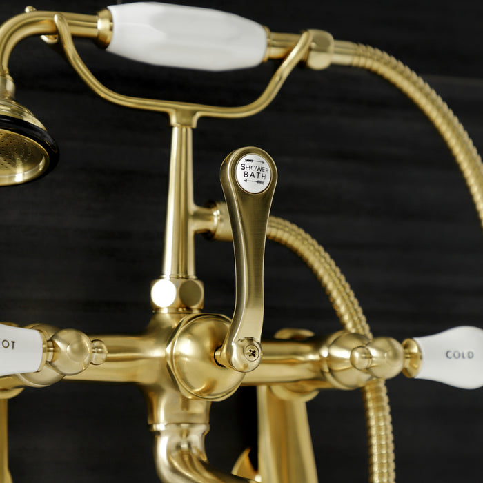 Kingston Heirloom AE53T7 - Aqua Vintage Three-Handle 2-Hole Tub Wall Mount Clawfoot Tub Faucet with Hand Shower, Brushed Brass