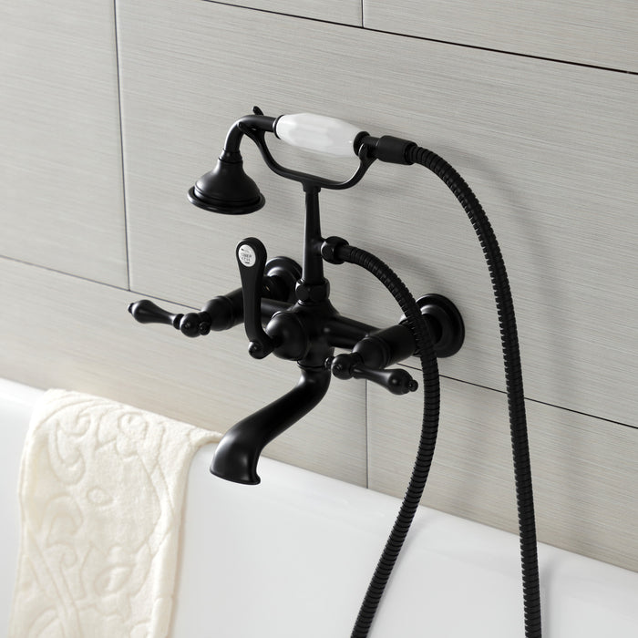 Kingston Heirloom AE551T0 - Aqua Vintage Three-Handle 2-Hole Tub Wall Mount Clawfoot Tub Faucet with Hand Shower, Matte Black