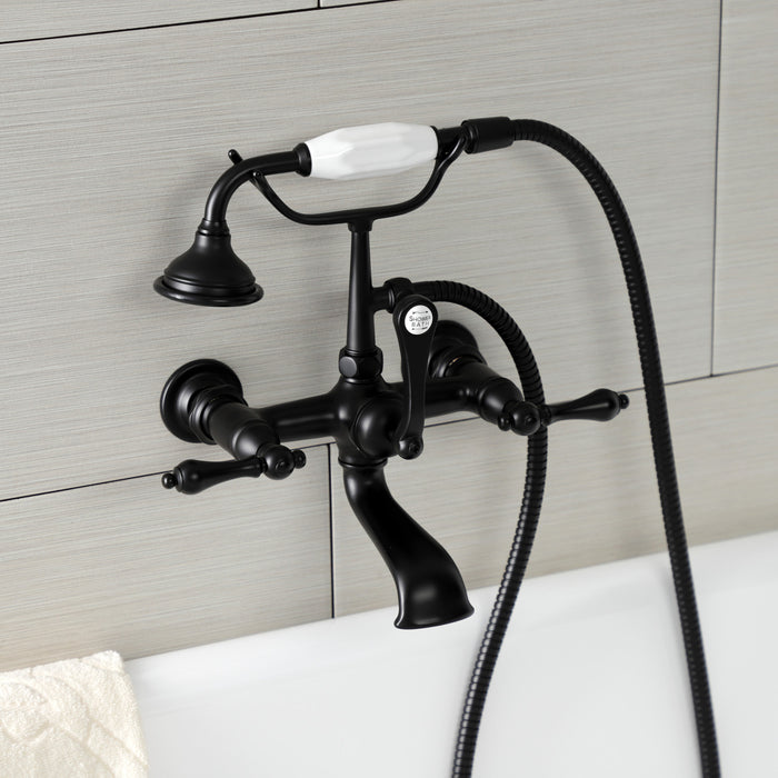 Kingston Heirloom AE551T0 - Aqua Vintage Three-Handle 2-Hole Tub Wall Mount Clawfoot Tub Faucet with Hand Shower, Matte Black