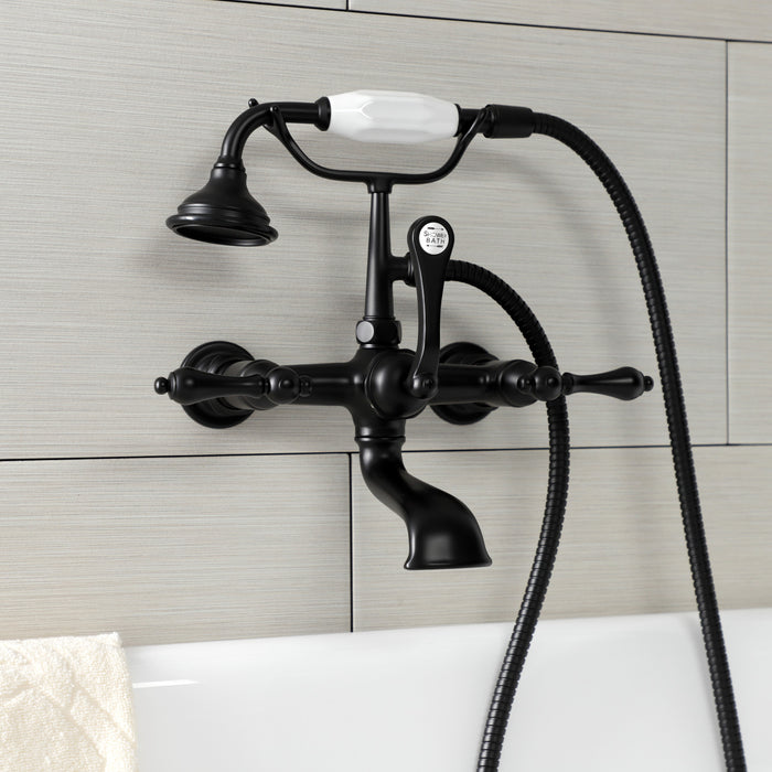 Kingston Heirloom AE551T0 - Aqua Vintage Three-Handle 2-Hole Tub Wall Mount Clawfoot Tub Faucet with Hand Shower, Matte Black