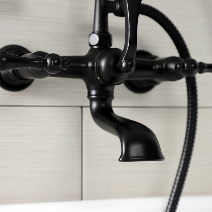 Kingston Heirloom AE551T0 - Aqua Vintage Three-Handle 2-Hole Tub Wall Mount Clawfoot Tub Faucet with Hand Shower, Matte Black