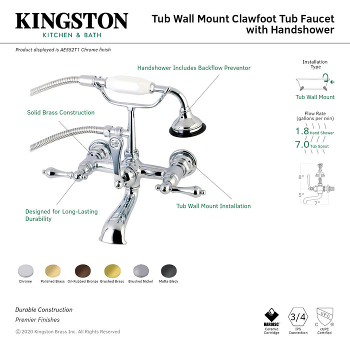 Kingston Heirloom AE551T2 - Aqua Vintage Three-Handle 2-Hole Tub Wall Mount Clawfoot Tub Faucet with Hand Shower, Polished Brass