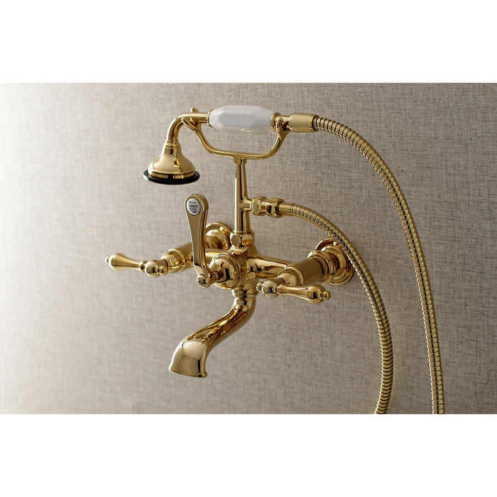 Kingston Heirloom AE551T2 - Aqua Vintage Three-Handle 2-Hole Tub Wall Mount Clawfoot Tub Faucet with Hand Shower, Polished Brass