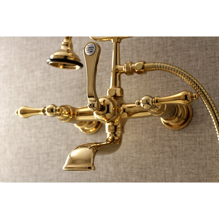 Kingston Heirloom AE551T2 - Aqua Vintage Three-Handle 2-Hole Tub Wall Mount Clawfoot Tub Faucet with Hand Shower, Polished Brass