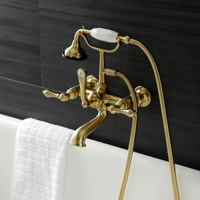 Kingston Heirloom AE551T7 - Aqua Vintage Three-Handle 2-Hole Tub Wall Mount Clawfoot Tub Faucet with Hand Shower, Brushed Brass