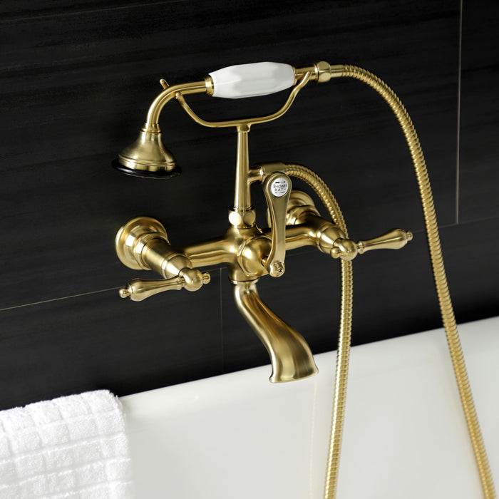 Kingston Heirloom AE551T7 - Aqua Vintage Three-Handle 2-Hole Tub Wall Mount Clawfoot Tub Faucet with Hand Shower, Brushed Brass