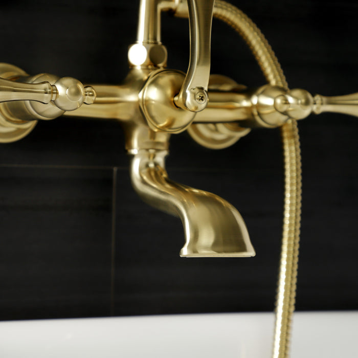 Kingston Heirloom AE551T7 - Aqua Vintage Three-Handle 2-Hole Tub Wall Mount Clawfoot Tub Faucet with Hand Shower, Brushed Brass
