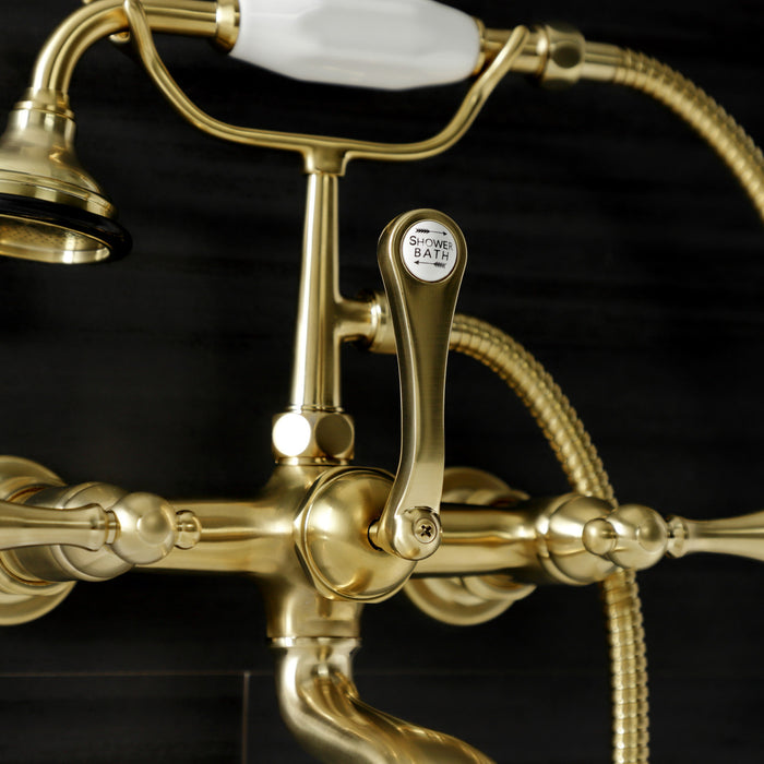 Kingston Heirloom AE551T7 - Aqua Vintage Three-Handle 2-Hole Tub Wall Mount Clawfoot Tub Faucet with Hand Shower, Brushed Brass