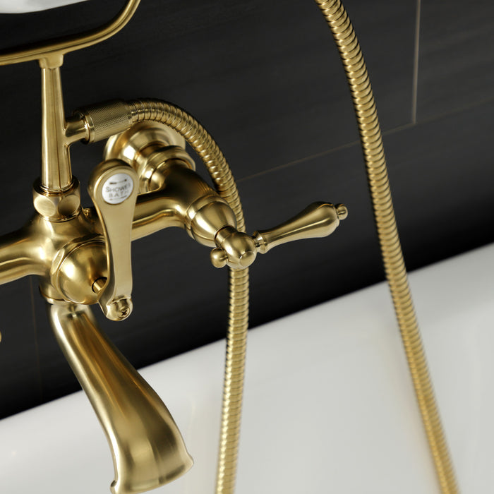 Kingston Heirloom AE551T7 - Aqua Vintage Three-Handle 2-Hole Tub Wall Mount Clawfoot Tub Faucet with Hand Shower, Brushed Brass