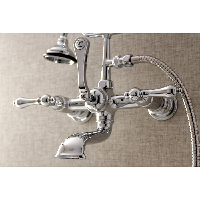 Kingston Heirloom AE552T1 - Aqua Vintage Three-Handle 2-Hole Tub Wall Mount Clawfoot Tub Faucet with Hand Shower, Polished Chrome