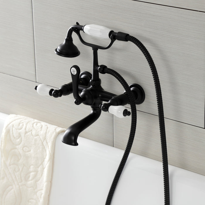Kingston Heirloom AE553T0 - Aqua Vintage Three-Handle 2-Hole Tub Wall Mount Clawfoot Tub Faucet with Hand Shower, Matte Black