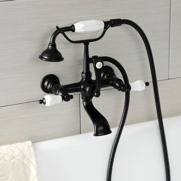Kingston Heirloom AE553T0 - Aqua Vintage Three-Handle 2-Hole Tub Wall Mount Clawfoot Tub Faucet with Hand Shower, Matte Black