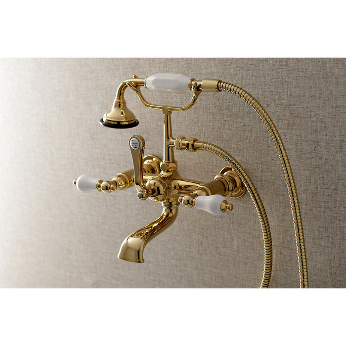 Kingston Heirloom AE553T2 - Aqua Vintage Three-Handle 2-Hole Tub Wall Mount Clawfoot Tub Faucet with Hand Shower, Polished Brass