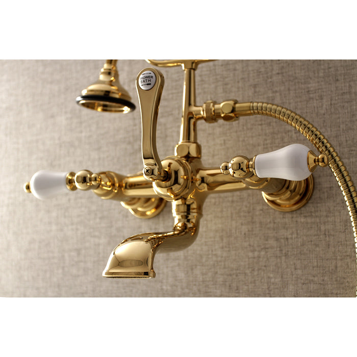 Kingston Heirloom AE553T2 - Aqua Vintage Three-Handle 2-Hole Tub Wall Mount Clawfoot Tub Faucet with Hand Shower, Polished Brass
