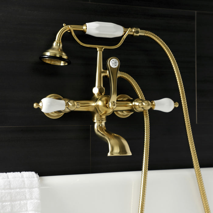 Kingston Heirloom AE553T7 - Aqua Vintage Three-Handle 2-Hole Tub Wall Mount Clawfoot Tub Faucet with Hand Shower, Brushed Brass