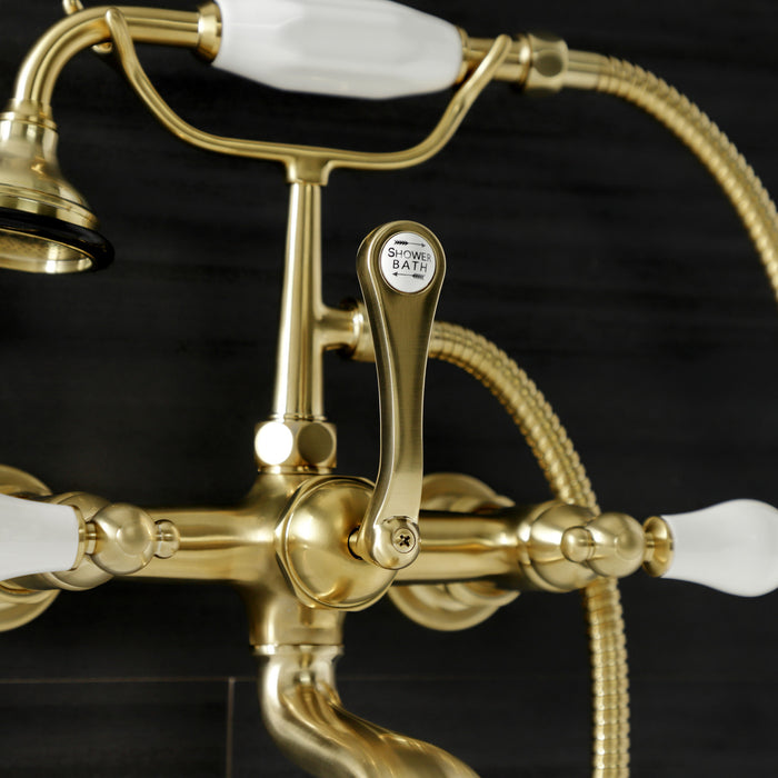 Kingston Heirloom AE553T7 - Aqua Vintage Three-Handle 2-Hole Tub Wall Mount Clawfoot Tub Faucet with Hand Shower, Brushed Brass