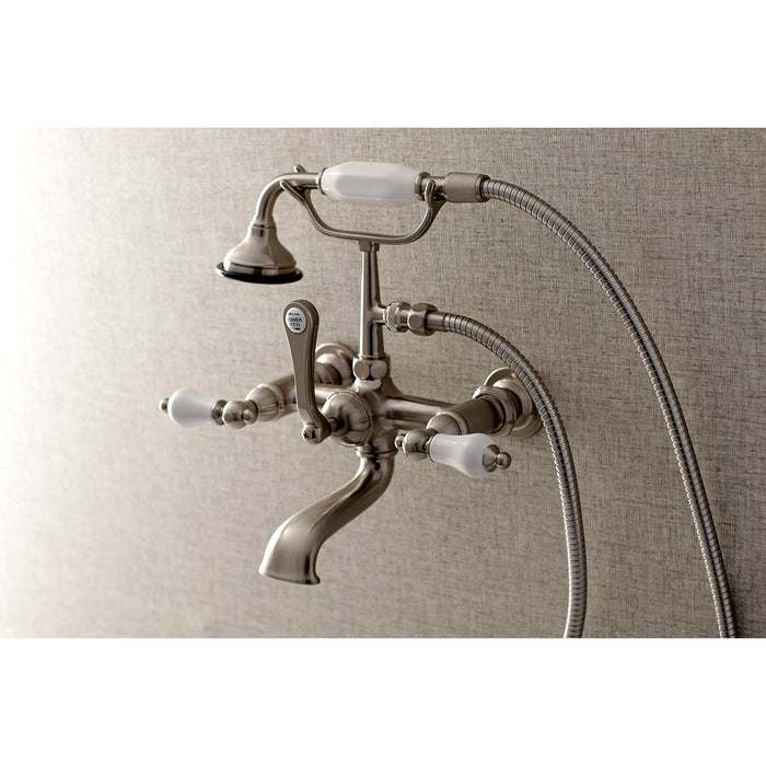 Kingston Heirloom AE553T8 - Aqua Vintage Three-Handle 2-Hole Tub Wall Mount Clawfoot Tub Faucet with Hand Shower, Brushed Nickel